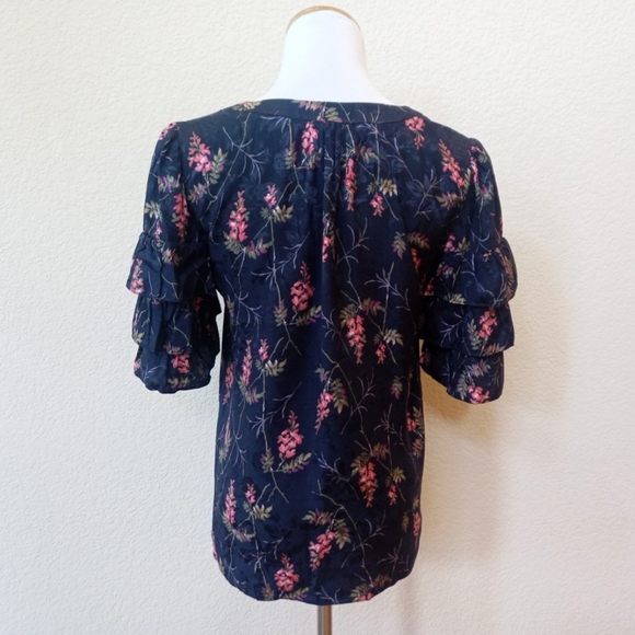Rebecca Taylor navy blue floral silk blend ruffle sleeve blouse - Picture 11 of 15